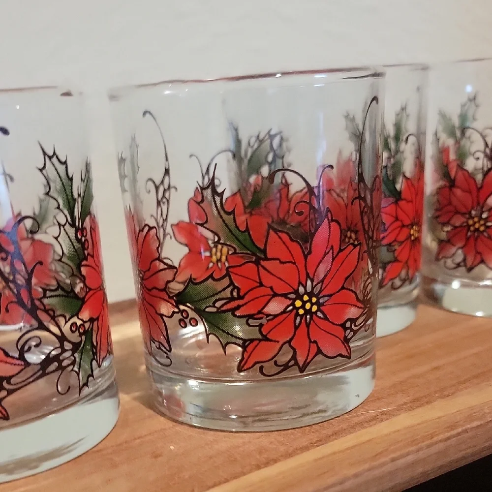 Vintage Libbey Poinsettia Red And Green Lowball Glasses Set Of 4